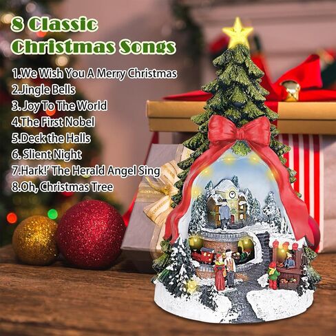 LZLINGMEI Christmas Village Houses, Christmas Tree Decor 14.96 "H with Rotating Train, LED Lights, 8 Christmas Music, Tiered Resin Christmas Decorations Indoor for Tabletop Home Kids in Saudi Arabia