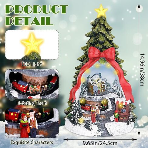 LZLINGMEI Christmas Village Houses, Christmas Tree Decor 14.96 "H with Rotating Train, LED Lights, 8 Christmas Music, Tiered Resin Christmas Decorations Indoor for Tabletop Home Kids in Saudi Arabia
