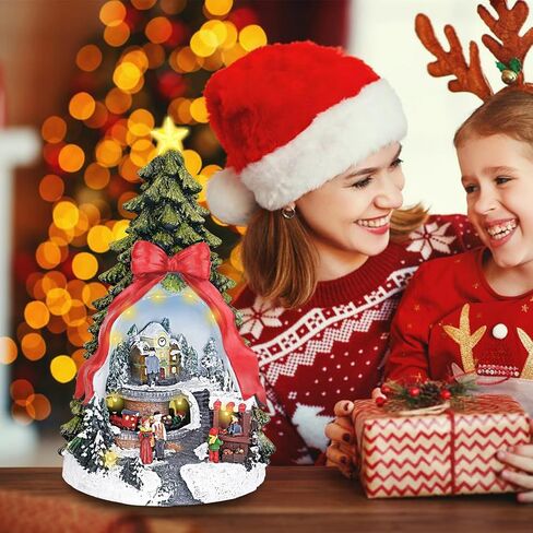 LZLINGMEI Christmas Village Houses, Christmas Tree Decor 14.96 "H with Rotating Train, LED Lights, 8 Christmas Music, Tiered Resin Christmas Decorations Indoor for Tabletop Home Kids in Saudi Arabia