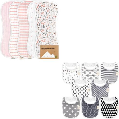 KeaBabies 5-Pack Muslin Baby Burp Cloths and 8-Pack Organic Baby Bibs for Girls & Boys - Organic White Bamboo Cotton Burp Cloth - Teething Baby Bibs for Boy, Girl in Saudi Arabia
