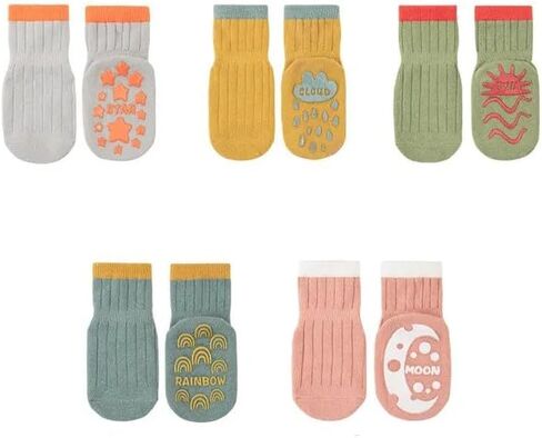 Zurie Non slip Baby/Toddler socks with grip,Girls/Boys, Anti-slip, Anti-skid, Ultra soft, Breathable Cotton for 6-12 months -5 Pairs, Grey, Olive, Green, Pink,mustard, 6-1T in Kuwait