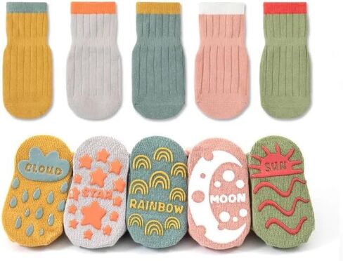 Zurie Non slip Baby/Toddler socks with grip,Girls/Boys, Anti-slip, Anti-skid, Ultra soft, Breathable Cotton for 6-12 months -5 Pairs, Grey, Olive, Green, Pink,mustard, 6-1T in Kuwait