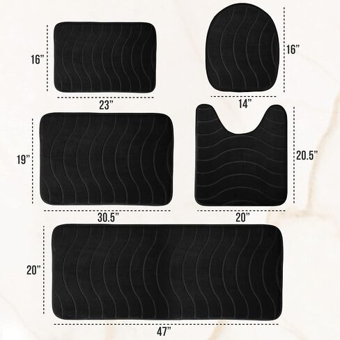 مجموعة سجاد الحمام الفاخرة Elvoki مكونة من 5 قطع - طقم سجادة حمام من الإسفنج الذكي، طقم سجاد المرحاض. قوي الامتصاص، غير قابل للانزلاق، فائق النعومة، سهل التنظيف، أسود in Kuwait