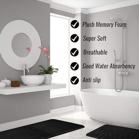 مجموعة سجاد الحمام الفاخرة Elvoki مكونة من 5 قطع - طقم سجادة حمام من الإسفنج الذكي، طقم سجاد المرحاض. قوي الامتصاص، غير قابل للانزلاق، فائق النعومة، سهل التنظيف، أسود in Kuwait