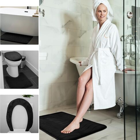 مجموعة سجاد الحمام الفاخرة Elvoki مكونة من 5 قطع - طقم سجادة حمام من الإسفنج الذكي، طقم سجاد المرحاض. قوي الامتصاص، غير قابل للانزلاق، فائق النعومة، سهل التنظيف، أسود in Kuwait