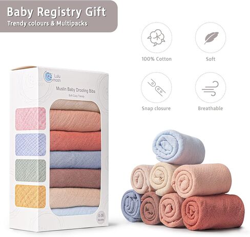 Lulu moon Baby Muslin Bibs - 100% Cotton for Teething Drooling Girls Boys, 8 Pack in Kuwait