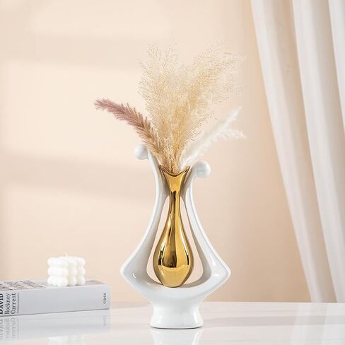 Anding Ceramic vase White and Gold Ceramic vase Modern Home Decor vase Pampas Grass vase Suitable for Table Center Bookshelf Coffee Table Wedding Decoration Aesthetics(99694 Gold) in Kuwait