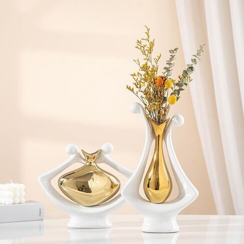 Anding Ceramic vase White and Gold Ceramic vase Modern Home Decor vase Pampas Grass vase Suitable for Table Center Bookshelf Coffee Table Wedding Decoration Aesthetics(99694 Gold) in Kuwait