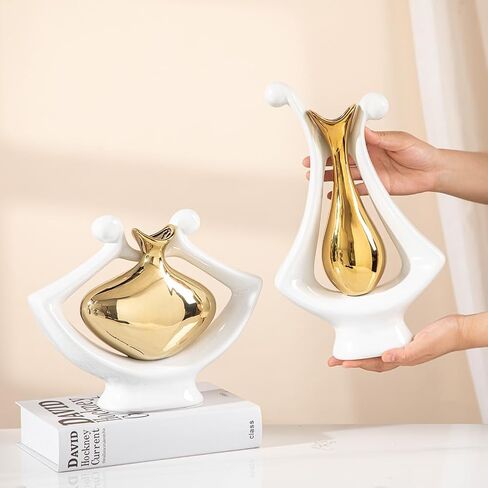 Anding Ceramic vase White and Gold Ceramic vase Modern Home Decor vase Pampas Grass vase Suitable for Table Center Bookshelf Coffee Table Wedding Decoration Aesthetics(99694 Gold) in Kuwait