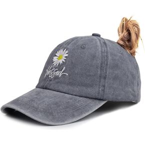 Daisy Blessed Ponytail Hats, Embroidered High Messy Bun Baseball Cap for Women