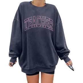BANGELY Teacher Sweatshirt Women Oversized Retro Teach Crewneck Shirt Embroidery Teacher Life Pullover Long Sleeve Tops
