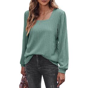 Zeagoo Tunic Tops for Women Loose Fit Dressy Square Neck Long Sleeve Shirts Rib Kint Pullover Blouses