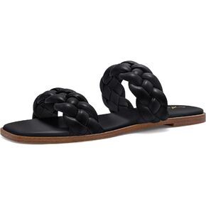 Athlefit Women's Square Open Toe Braided Sandals Slip On Low Block Heel Slide Sandals