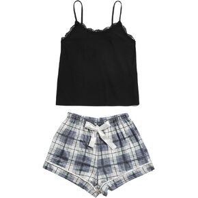 SweatyRocks Women's Sleepwear Set Plaid Print Cami Top and Elastic Waist Short Pajama Set