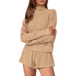 PRETTYGARDEN Womens 2023 Ribbed Knit Lounge Set 2 Piece Outfits Long Sleeve Tops and Shorts Fall Loungewear Sets with Pockets
