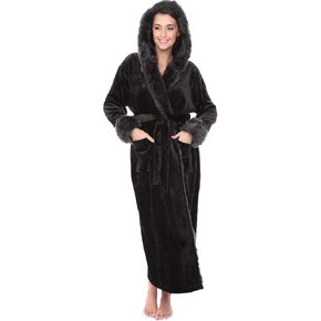 Alexander Del Rossa Women's Faux Fur Feather Hooded Robe, Soft Plush Fleece Bathrobe with Hood in Kuwait