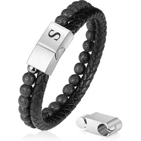 Leather Beads Bracelet for Men, 6mm Natural Lava Rock Stone Leather Initial Bracelet with Adjustable Stainless Steel Magnetic Clasp Handmade Mens Bracelets Jewelry Gifts for Men Boys Husband Father…