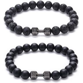 VOLLYOO Black Dumbbell Bracelet for Men Gym Bracelet Natural Stone Beads Bracelets Fitness Barbell Weighted Bracelet for Men Jewelry Gift