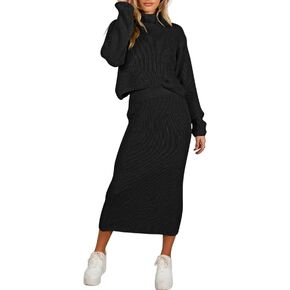 Pink Queen Women's Fall 2 Piece Sweater Set Rib Knit Long Sleeve Cross Criss Top Maxi Bodycon Skirt Casual Outfits