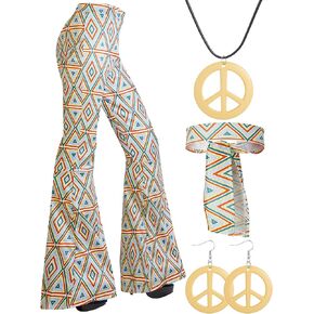 70s Women Hippie Costume Accessories, Boho Flare Pants Tie Dye Headband Peace Sign Necklace Earrings for 70s 60s Outfits
