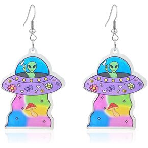 TIANBANGSHI Fun Cute UFO Space Dangle Earrings Novelty Weird Acrylic Aliens Earrings for Women Girls