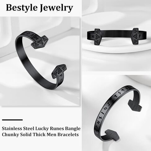Bestyle الثقيلة الفولاذ المقاوم للصدأ فايكنغ سوار للرجال الصبي، مفتوحة قابل للتعديل الإسورة الغراب / الذئب / رون سوار خمر ريترو كول فايكنغ المجوهرات، حزمة هدية in Kuwait