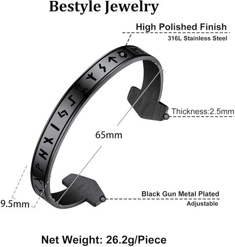 Bestyle الثقيلة الفولاذ المقاوم للصدأ فايكنغ سوار للرجال الصبي، مفتوحة قابل للتعديل الإسورة الغراب / الذئب / رون سوار خمر ريترو كول فايكنغ المجوهرات، حزمة هدية in Kuwait