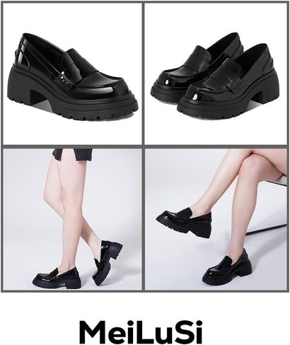 MeiLuSi أحذية بدون كعب للنساء منصة أحذية لوفر بمقدمة مستديرة وكعب مكتنز أحذية أكسفورد سهلة الارتداء in Kuwait