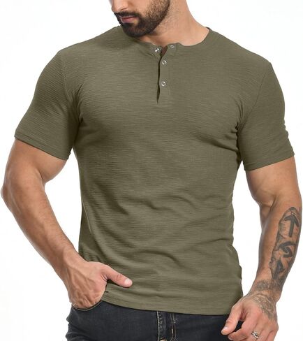 YTD Men's Muscle T Shirts Stretch Short Sleeve Workout Tee Casual Slim Fit Henley Shirt in Kuwait