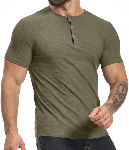 YTD Men's Muscle T Shirts Stretch Short Sleeve Workout Tee Casual Slim Fit Henley Shirt in Kuwait
