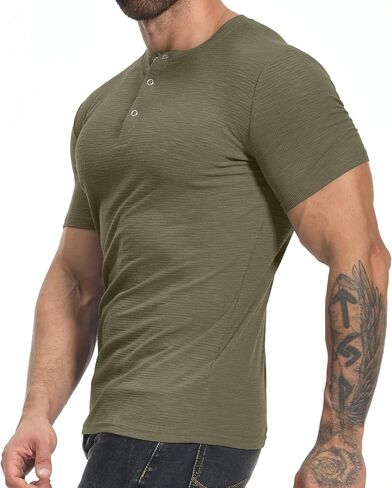 YTD Men's Muscle T Shirts Stretch Short Sleeve Workout Tee Casual Slim Fit Henley Shirt in Kuwait