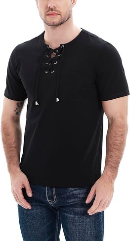 قمصان هينلي الرجالية كاجوال بأكمام قصيرة وأربطة وتي شيرتات قطنية برباط علوي عادي in Kuwait