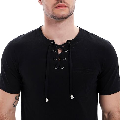 قمصان هينلي الرجالية كاجوال بأكمام قصيرة وأربطة وتي شيرتات قطنية برباط علوي عادي in Kuwait