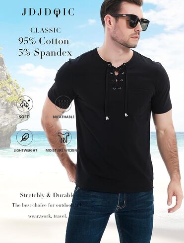 قمصان هينلي الرجالية كاجوال بأكمام قصيرة وأربطة وتي شيرتات قطنية برباط علوي عادي in Kuwait