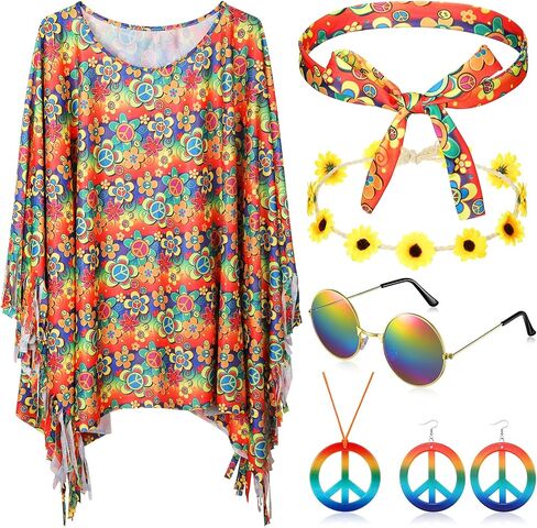 Hicarer 6 Pcs Hippie Costume Accessories Set Includes Poncho Necklace Earrings Headband Sunglasses Headband for Women Girls in Saudi Arabia