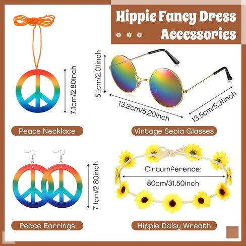 Hicarer 6 Pcs Hippie Costume Accessories Set Includes Poncho Necklace Earrings Headband Sunglasses Headband for Women Girls in Saudi Arabia