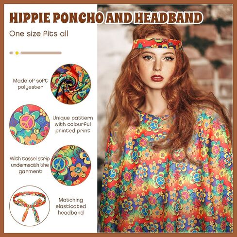 Hicarer 6 Pcs Hippie Costume Accessories Set Includes Poncho Necklace Earrings Headband Sunglasses Headband for Women Girls in Saudi Arabia