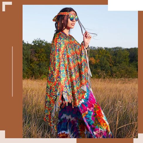 Hicarer 6 Pcs Hippie Costume Accessories Set Includes Poncho Necklace Earrings Headband Sunglasses Headband for Women Girls in Saudi Arabia