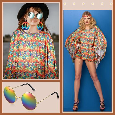 Hicarer 6 Pcs Hippie Costume Accessories Set Includes Poncho Necklace Earrings Headband Sunglasses Headband for Women Girls in Saudi Arabia