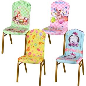 Karenhi 4 Pcs Easter Chair Covers Adjustable Plaid Dining Chair Cover Bunny Egg Flower Chair Cover Dining Chair Slipcover Removable Stretch Chair Covers for Kitchen Office Hotel Home (Classic Style) in Kuwait