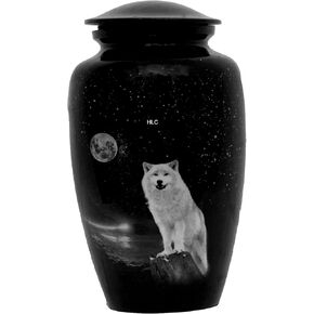 HLC URNS White Wolf Night Full Moon Cremation Urn for Human Ashes - Adult Funeral Urn Handcrafted - Affordable Urn for Ashes (Adult (200 lbs) – 10.5 x 6 “, White Wolf Night Full Moon Cremation Urn) in Saudi Arabia