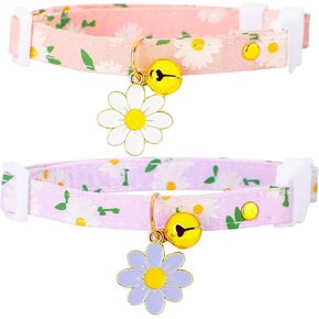 2 Pack Cotton Breakaway Cat Collars with Bell Flower Cute Pendants, Kitty Kitten Collars , Safety Adjustable Collar Set for Pets Decoration for Female Girl Cats Male Boy Cats (Pink Purple) in Kuwait