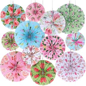 Thenshop 12 Pcs Hanging Paper Fans Tea Party Decorations 8 Inch 12 Inch 16 Inch Vintage Floral Decorations for Party Wedding Birthday Bridal Shower Ceiling Decor Girl