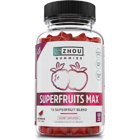 علكة Zhou Nutrition Superfruit متعددة الفيتامينات، 13 فاكهة فائقة طبيعية، غنية بفيتامين A وC وE والزنك، مكمل غذائي فائق الجودة، مناعة، هضم وطاقة، بدون سكر مضاف، 60 علكة نباتية