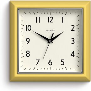 JONES CLOCKS® The Mustard Wall Clock - Analog Wall Clock - Retro Clock - Kitchen Wall Clocks - Easy to Read Dial - Square Wall Clock - British Design - 10in Clock (Black)