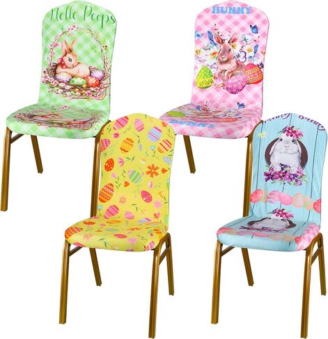 Karenhi 4 Pcs Easter Chair Covers Adjustable Plaid Dining Chair Cover Bunny Egg Flower Chair Cover Dining Chair Slipcover Removable Stretch Chair Covers for Kitchen Office Hotel Home (Classic Style) in Kuwait