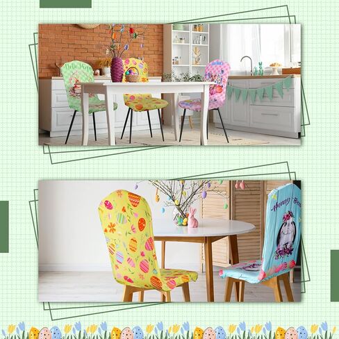 Karenhi 4 Pcs Easter Chair Covers Adjustable Plaid Dining Chair Cover Bunny Egg Flower Chair Cover Dining Chair Slipcover Removable Stretch Chair Covers for Kitchen Office Hotel Home (Classic Style) in Kuwait
