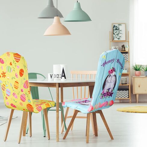 Karenhi 4 Pcs Easter Chair Covers Adjustable Plaid Dining Chair Cover Bunny Egg Flower Chair Cover Dining Chair Slipcover Removable Stretch Chair Covers for Kitchen Office Hotel Home (Classic Style) in Kuwait