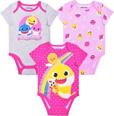بدلة قصيرة الأكمام للفتيات من Nickelodeon Baby Shark مكونة من 3 قطع لحديثي الولادة والرضع - وردي/رمادي in Saudi Arabia