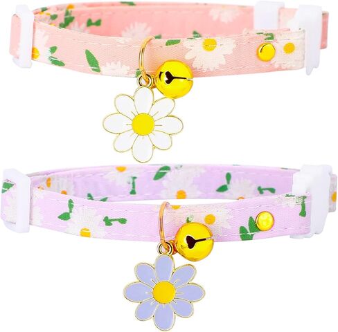 2 Pack Cotton Breakaway Cat Collars with Bell Flower Cute Pendants, Kitty Kitten Collars , Safety Adjustable Collar Set for Pets Decoration for Female Girl Cats Male Boy Cats (Pink Purple) in Kuwait
